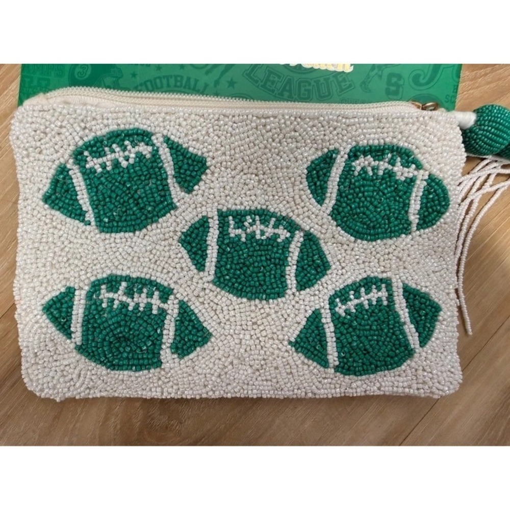 India Handmade Beaded Football Clutch Pouch With Tassel Green White NWT